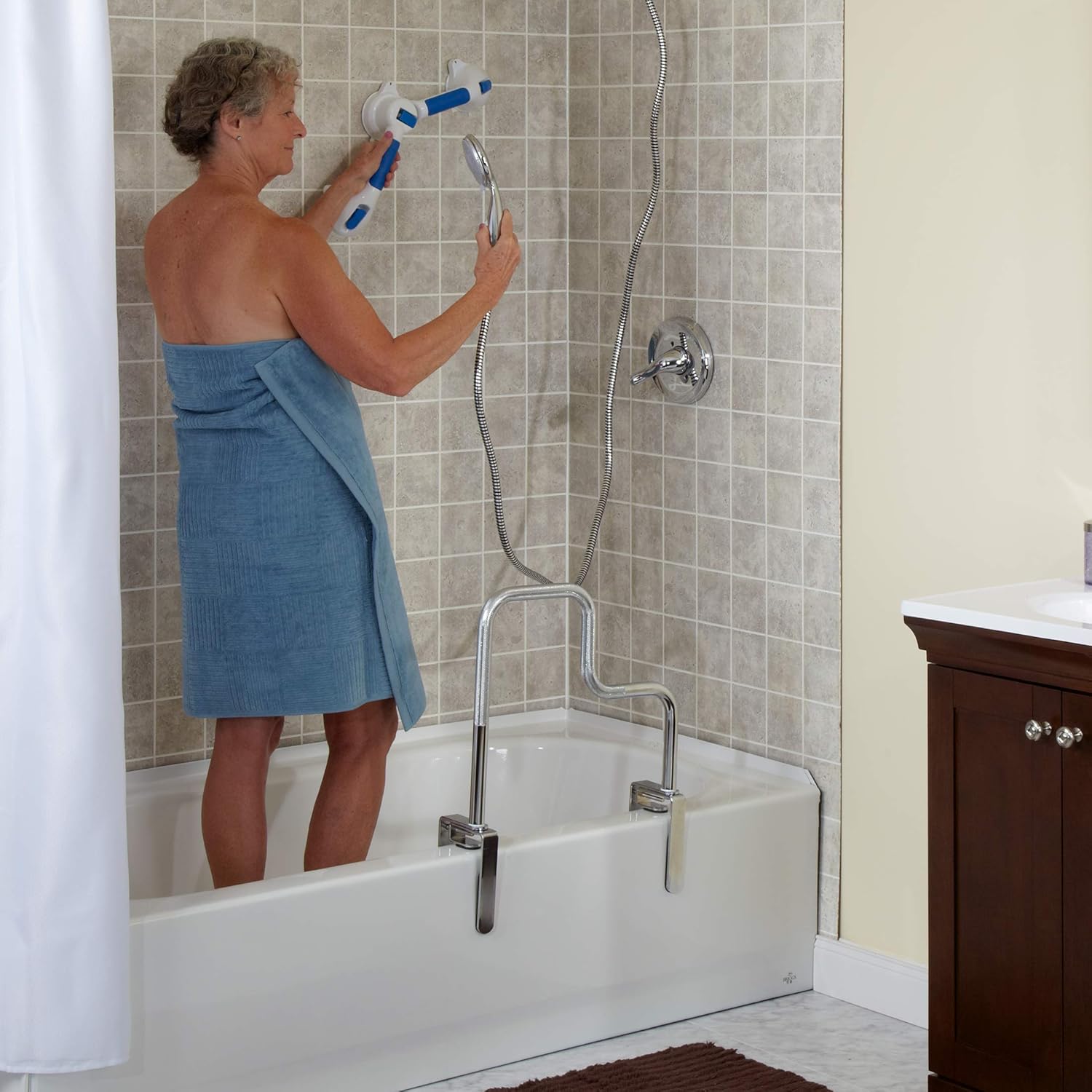 Carex Tri-Grip Bathtub Rail with Chrome Finish - Bathtub Grab Bar Safety Bar For Seniors and Handicap - For Assistance Getting In and Out of Tub, Easy to Install on Most Tubs: Health & Personal Care