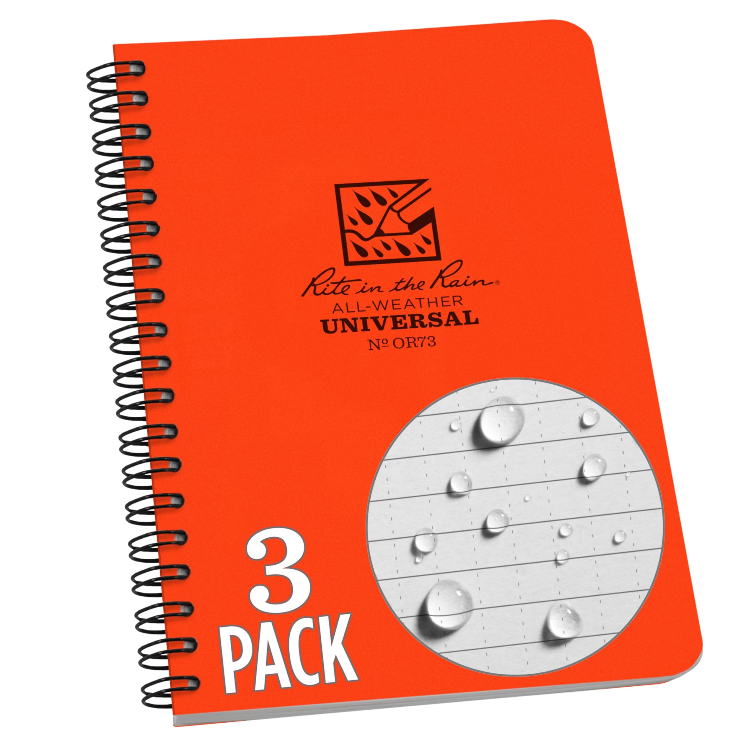 Rite in the Rain Weatherproof Side Spiral Notebook, 4.625" x 7", Orange Cover, Universal Pattern, 3 Pack (No. OR73L3)