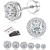 Moissanite Stud Earrings with Flat Back - 925 Sterling Silver D Color VVS1 Moissanite Earring for Women Men,14K White Gold Plated Brilliant Halo Stud Earrings Hypoallergenic Jewelry for Sensitive Ear