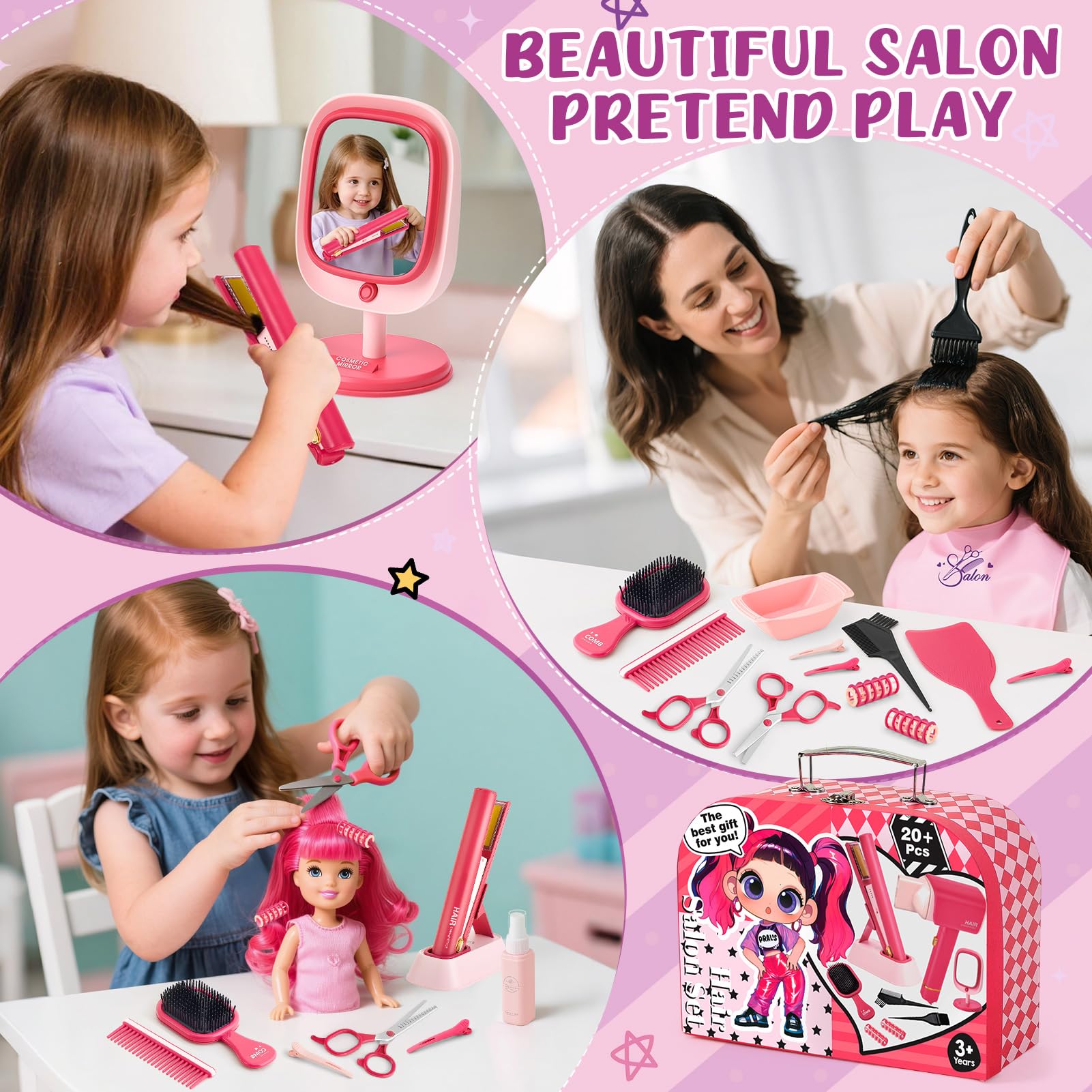 Toylink Friseur Set Kinder Mädchen Spielzeug mit Kinderfön, Haarglätter, Spiegel, Schere, Schürze und Frisierkoffer, Rollenspiel Spielzeug für Mädchen 3 4 5 6 7 8 Jahre 7