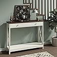 Treocho Farmhouse Console Table with Drawer and Storage Shelves, Foyer Sofa Table Narrow for Entryway, Living Room, Hallway, Antique White & Brown