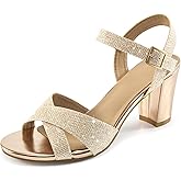 HARENCE Chunky Heels for Women Wedding: Fashion Sparkly Dressy Shoes Open Toe Ankle Strap Heeled Sandal for Prom Party