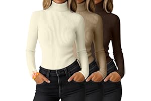 Ficerd 3 Pack Women's Ribbed Thermal Turtleneck Tops Long Sleeve Stretch Shirts Knitted Fitted Lightweight Base Layer