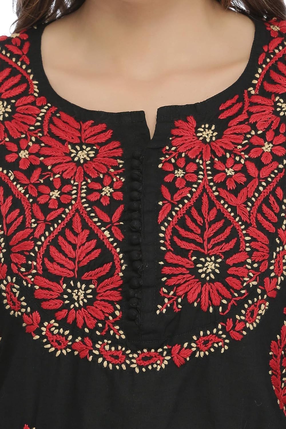 ada hand embroidered lucknow chikan regular wear cotton kurti kurta (a373637_black)