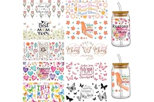 PEVOGON Mother's Day UV DTF Cup Wrap Transfer Stickers for Glass, 10 Sheet Rub on Transfers Decal for 16OZ Glass Cups Furnit Craft Wood DIY Crafts