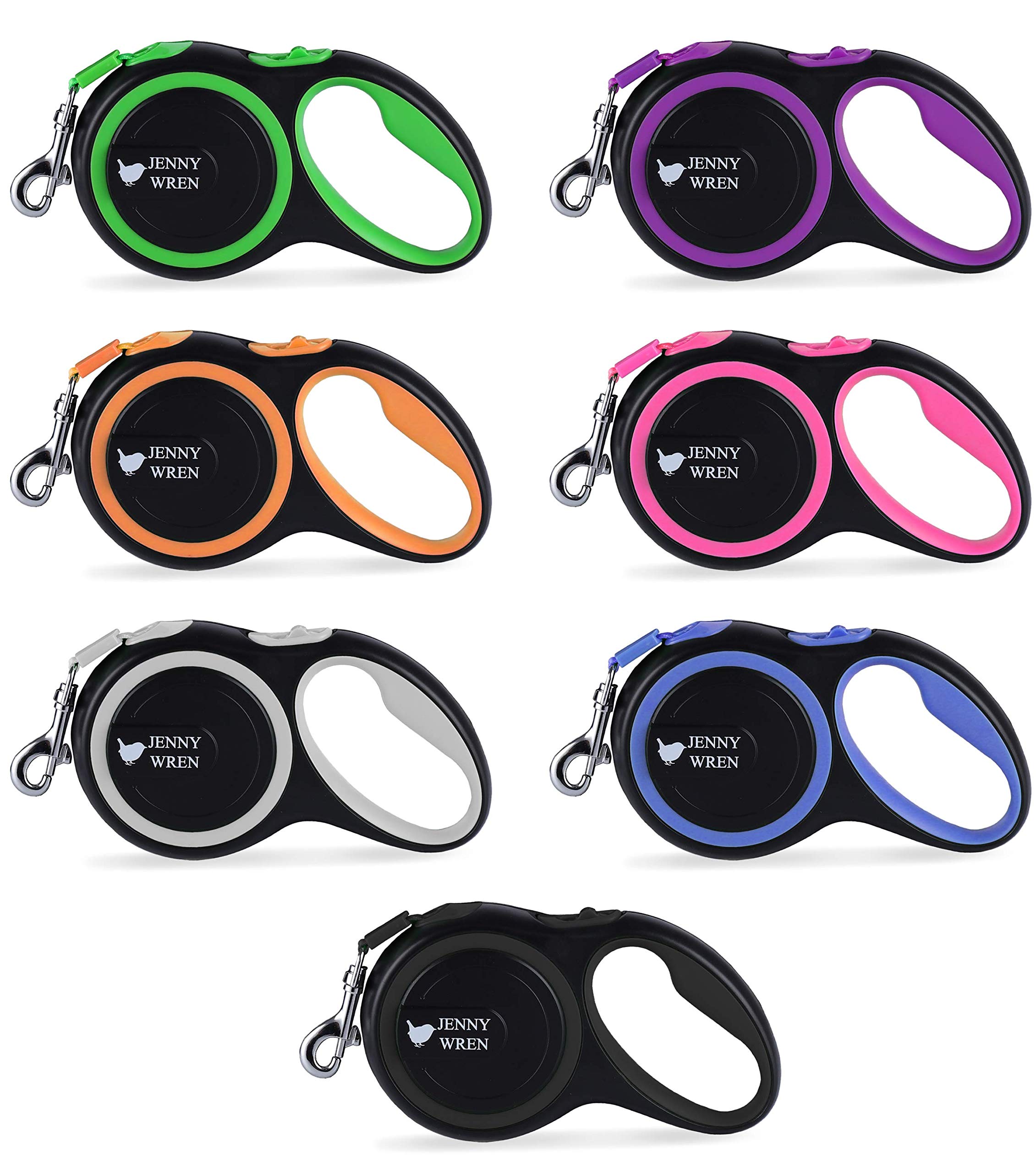 Jenny Wren Tangle-Free, Retractable Dog Lead with Anti-Slip Handle; 8M / 26FT Reflective Strong Nylon Tape/Ribbon; One-Handed Brake, Pause, Lock Pink