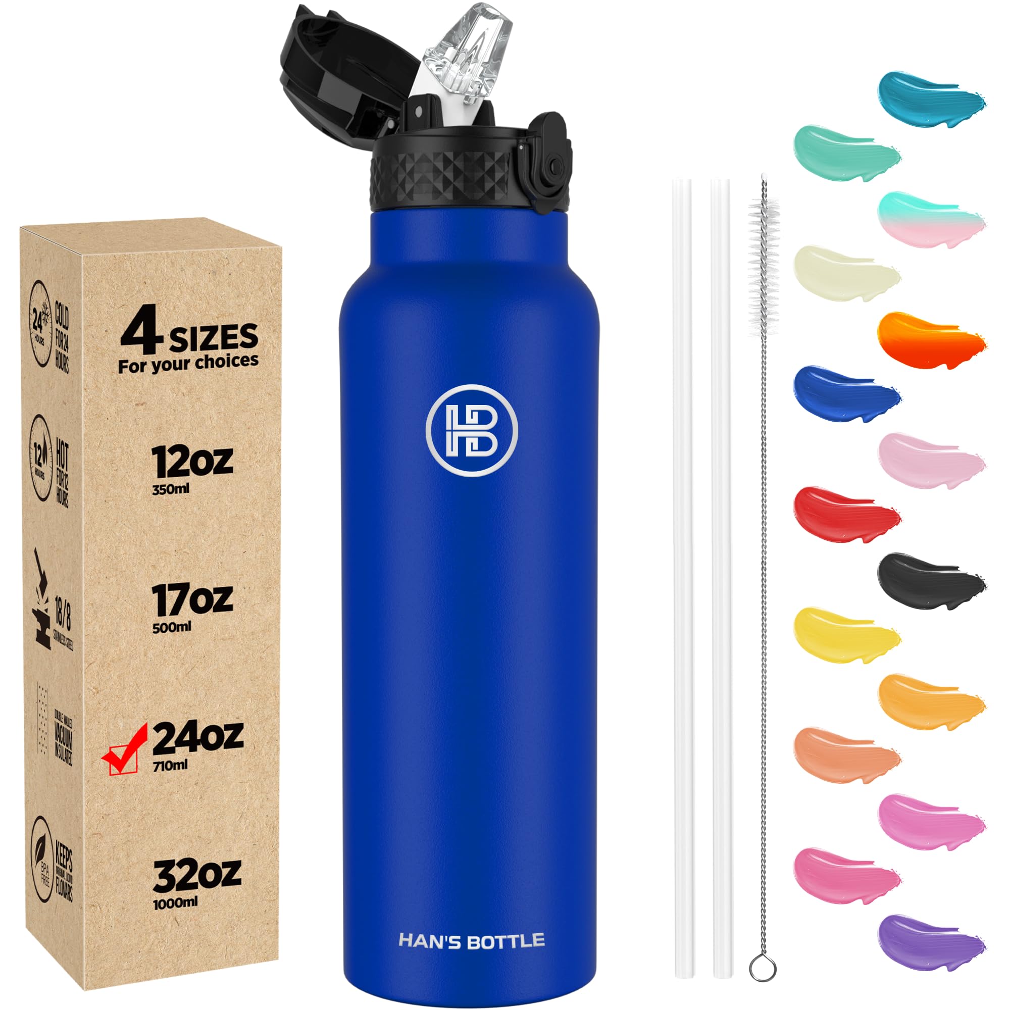 Photo 1 of Han's Bottle Sports Water Bottle - 24 Oz, Straw Lid, Leak Proof, Vacuum Insulated Stainless Steel, Double Walled, Thermo Mug,Klein Blue