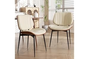 choairy Dining Chairs Set of 2, Mid Century Modern Dining Room Chair, Upholstered Faux Leather Kitchen Chairs with Walnut Bentwood Back and Metal Legs for Kitchen Dining Room Living Room, Beige