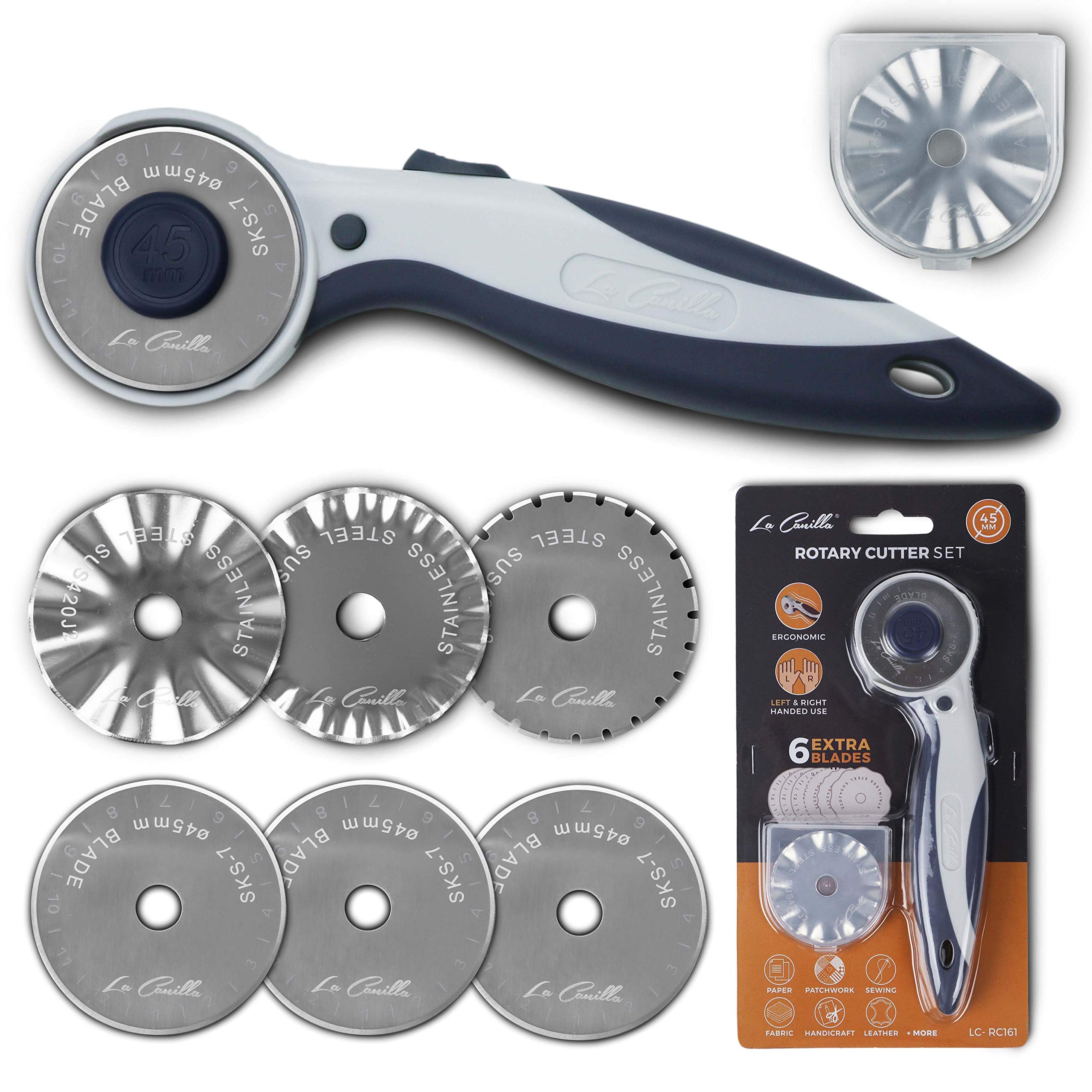 La Canilla - Rotary Cutter for Fabric Cutting Wheel 45mm Roller Cutting Tool with Extra Blades and Safety Lock for Crafting, Quilting, Sewing, Scrapbooking & Art Crafts Sharp and Durable