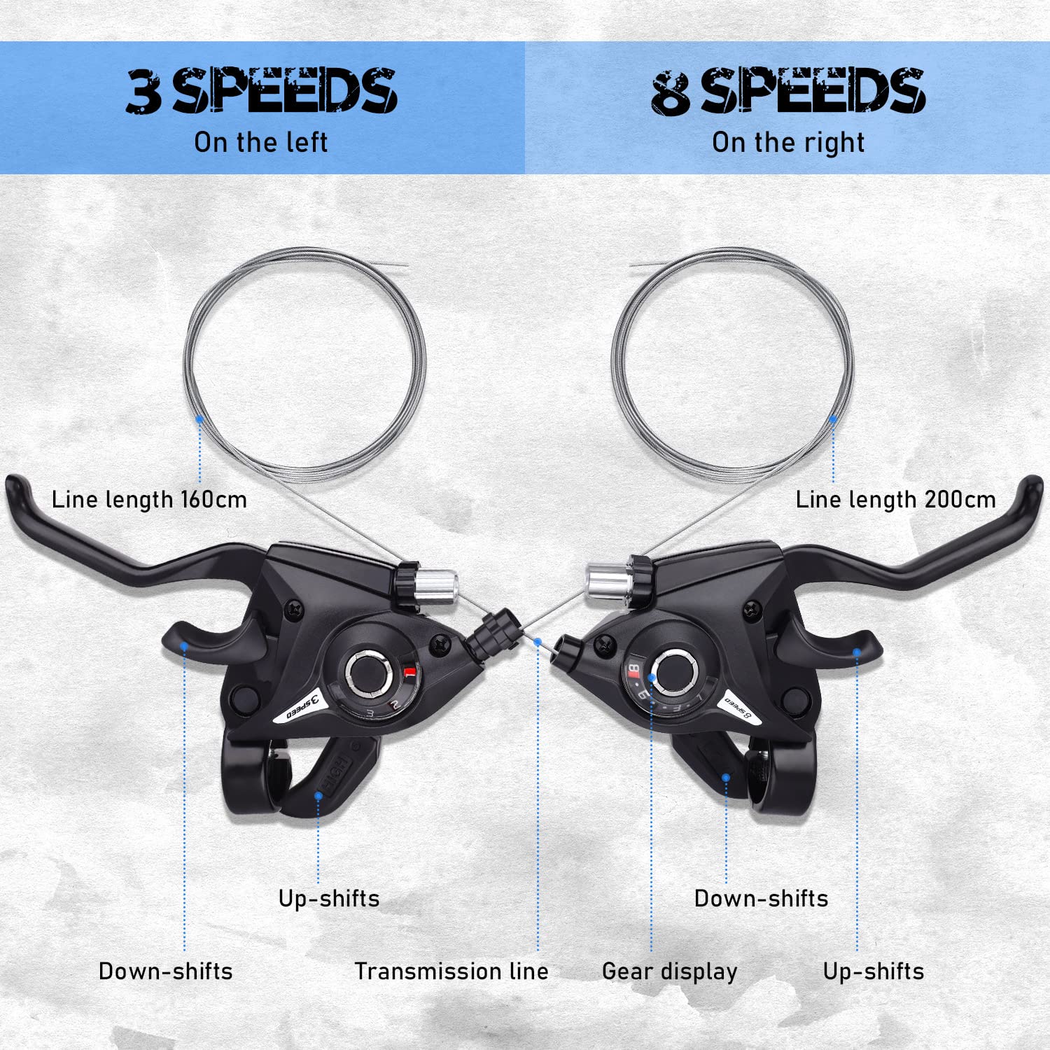 TOBWOLF Bicycle Brake Levers Shifter, 3x7/8 21/24 Speed Mountain Bike shifters Set, Left Right Brake Lever Shifter Kits with Gear Indicator, Replacement with Shift Cables for Moutain Bike Folding Bike