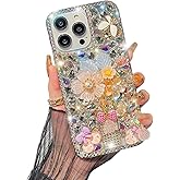 Omorro Compatible with iPhone 15 Pro Max Bling Case, Luxury Glitter Rhinestone Diamond Crystal Sparkle Rose Flower Pearl Floral Perfume Bottle Bow Soft Bumper Protective Case Cover for Women Girls