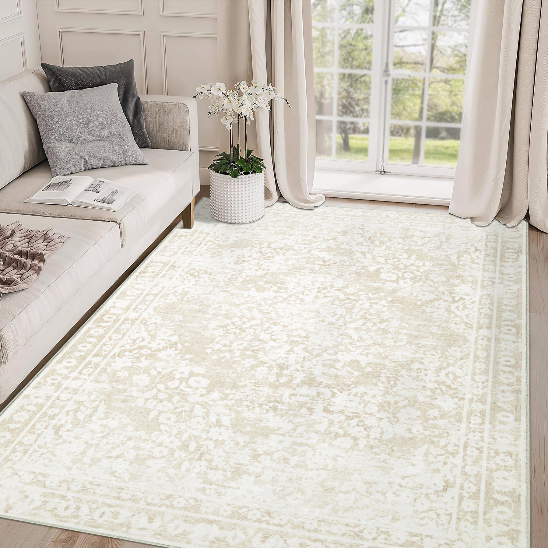 Photo 1 of Area Rug 4x6 Entryway Rugs - Machine Washable Vintage Boho Area Rug Non-Slip Bedroom Rugs Soft Stain Resistant Living Room Carpet, Floral Distressed Rug for Dining Room Office(Cream Beige, 4'x6')