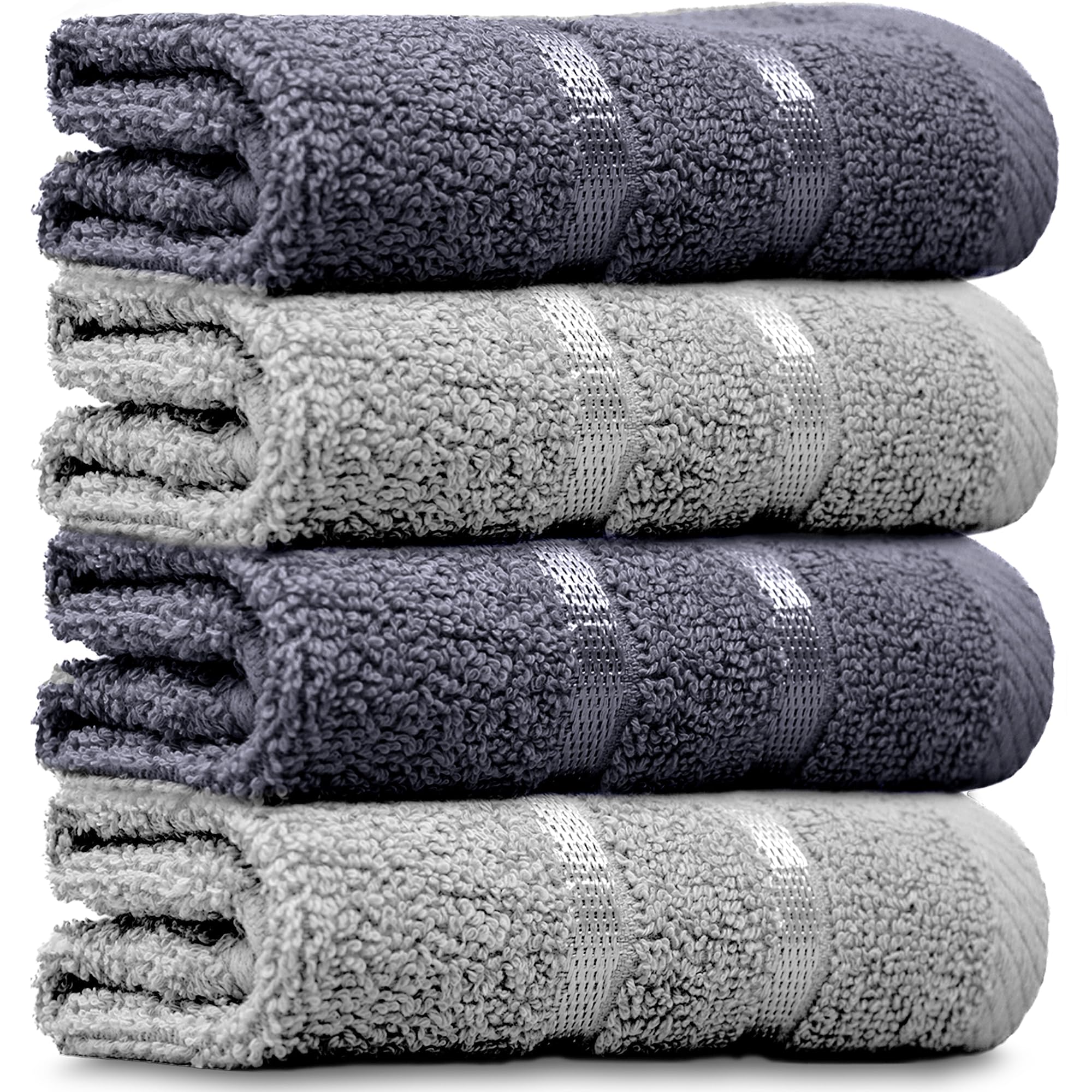 Towelogy® Luxury Egyptian Cotton Face Cloth Flannel Fingertip Towels Set 500 GSM Supersoft and Highly Absorbent Washcloths 30x30 cm (Pack 4, Grey/Silver)