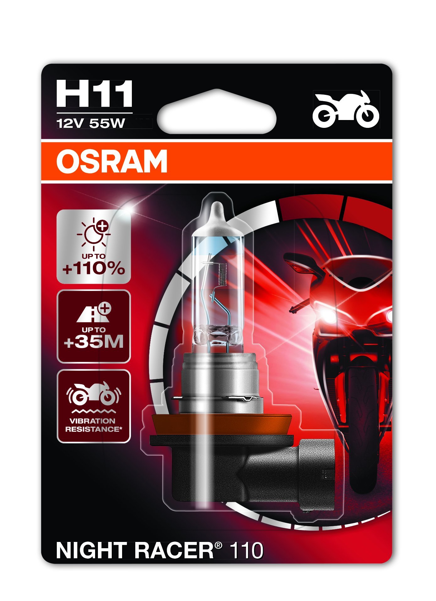 Osram 64211NR1-01B Night Racer 110 H11 Motorcycle Headlamp Bulb, 12V, Single Blister (1 Piece)