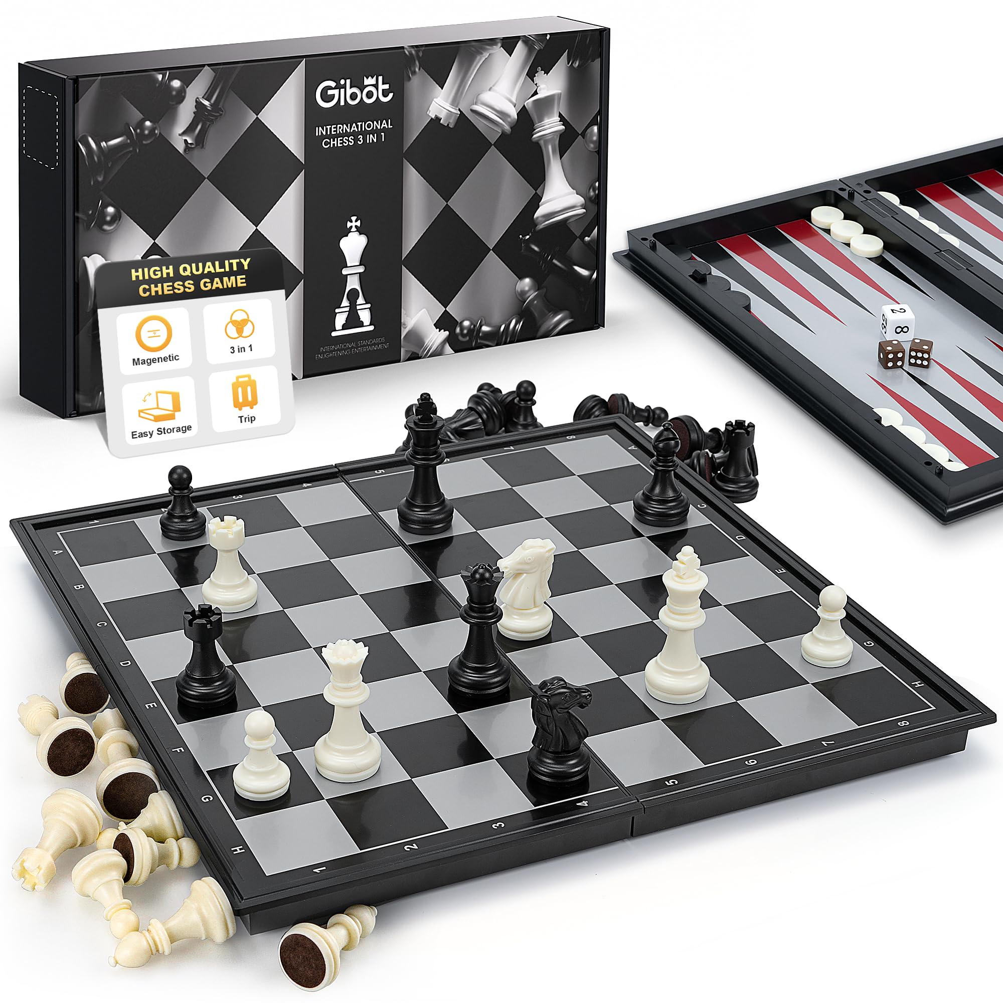 Gibot Chess Set Backgammon and Draughts 3 in 1, Portable and Folding Chess Board Set, Magnetic Chess, Travel Chess Board Checkers Piece, Traditional Strategy Game For Kids and Adults, 12.6x12.6 inch