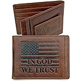 MID WEST RANGE Bifold Money Clip Wallet for Men – Slim Front Pocket Leather Wallet with Metal Clip, Patriotic USA Flag Design, IN GOD WE TRUST, Compact Everyday Carry