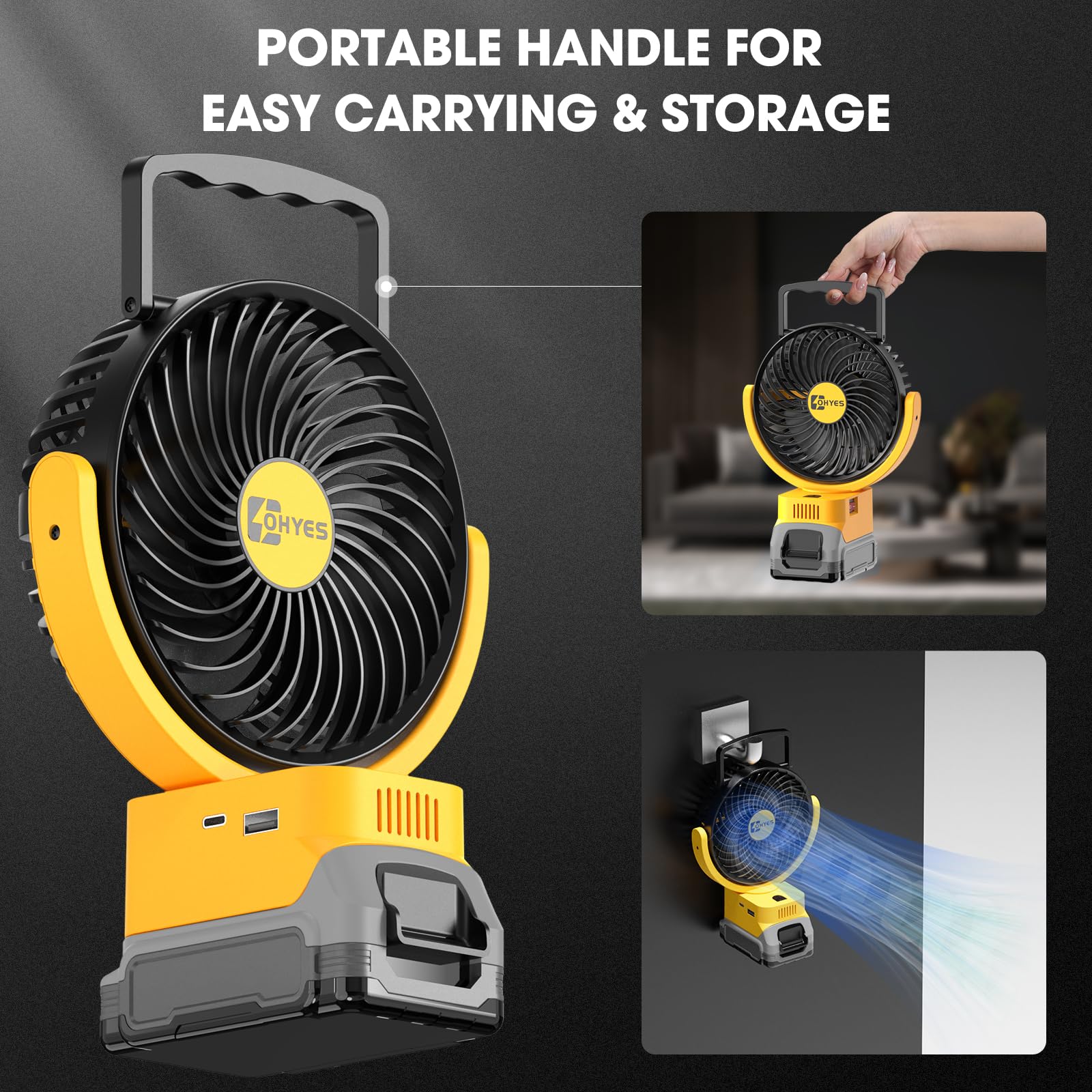 ohyes Cordless 5IN Jobsite Fan Fit For DeWALT 20V Max Battery Brushless Motor Variable Speed USB Fast Charging For Camping and Workshop(Battery not included)