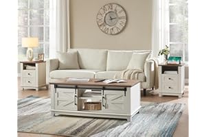 AMERLIFE 3-Piece Farmhouse Living Room Table Set - Coffee Table with Sliding Barn Doors & End Table Set of 2 with Charging Station and Storage Drawers, Rustic White