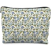 KBRCT Blue Hydrangea Floral Makeup Bag for Women, Blue and Green Botanical Cosmetic Bag for Purse, Watercolor Hydrangea Pattern Makeup Zipper Pouch