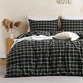 TOCOMOA Buffalo Plaid Duvet Cover Set 100% Washed Cotton Like Linen Feel Super Soft Comfy 3 Piece Brown Blue Gingham Checkered Bedding Comforter Cover Set (Queen 90"x90", Comforter Not Included)