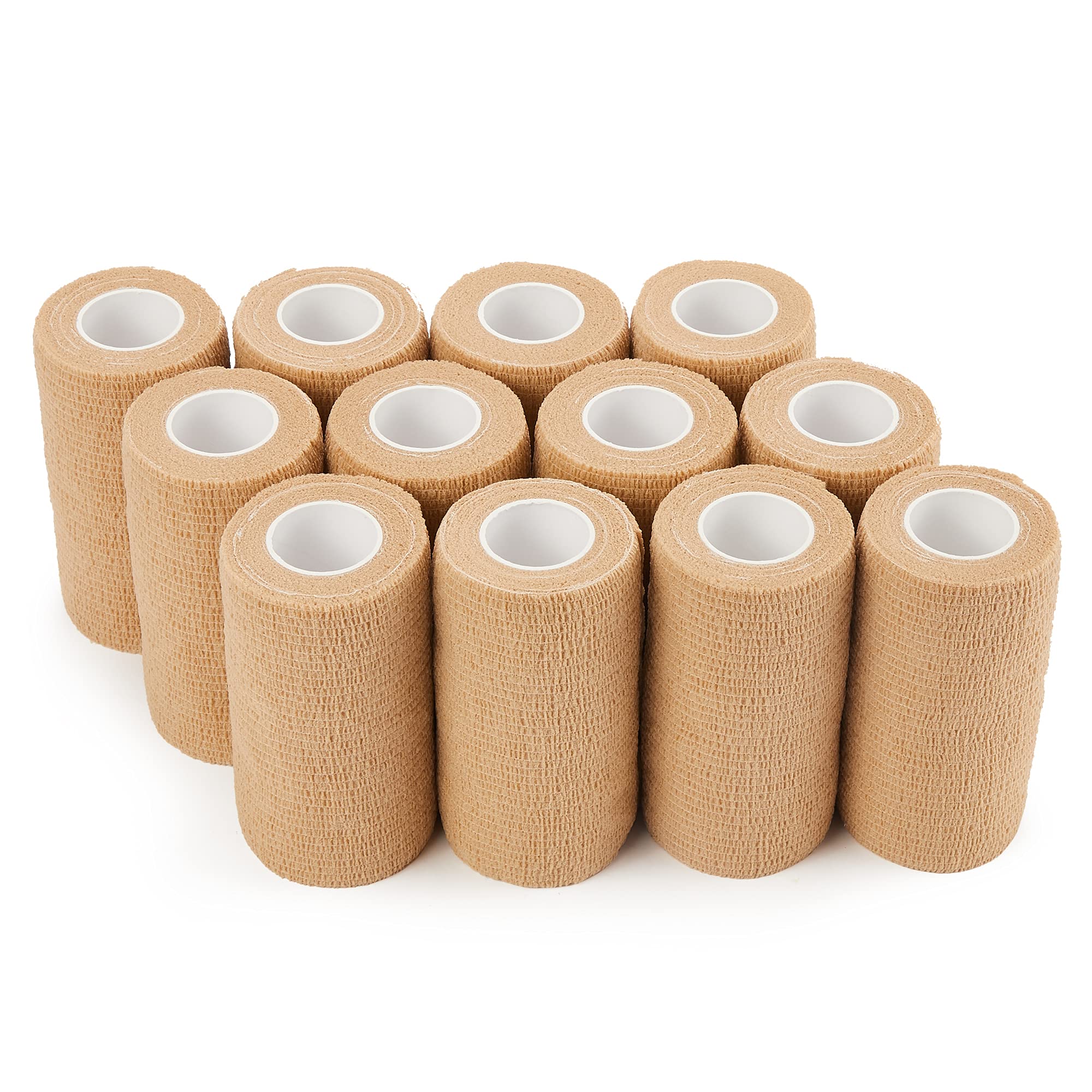 PHYTOP Self Adhesive Bandage Wrap 4 Inch x 5 Yards, 12 Pack Cohesive Tape - Breathable, Painless Removal, First Aid, Sports Sprains, Vet Wrap for Dogs/Horses, Pet Bandage (Beige)