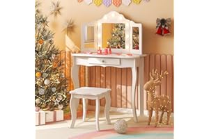 HONEY JOY Kids Vanity Set with Lighted Mirror, 2 in 1 Princess Toddler Dressing Table w/Tri-Fold Mirror & Drawer, Wooden Makeup Table & Chair Set, Pretend Play Vanity Set for Little Girls (White)