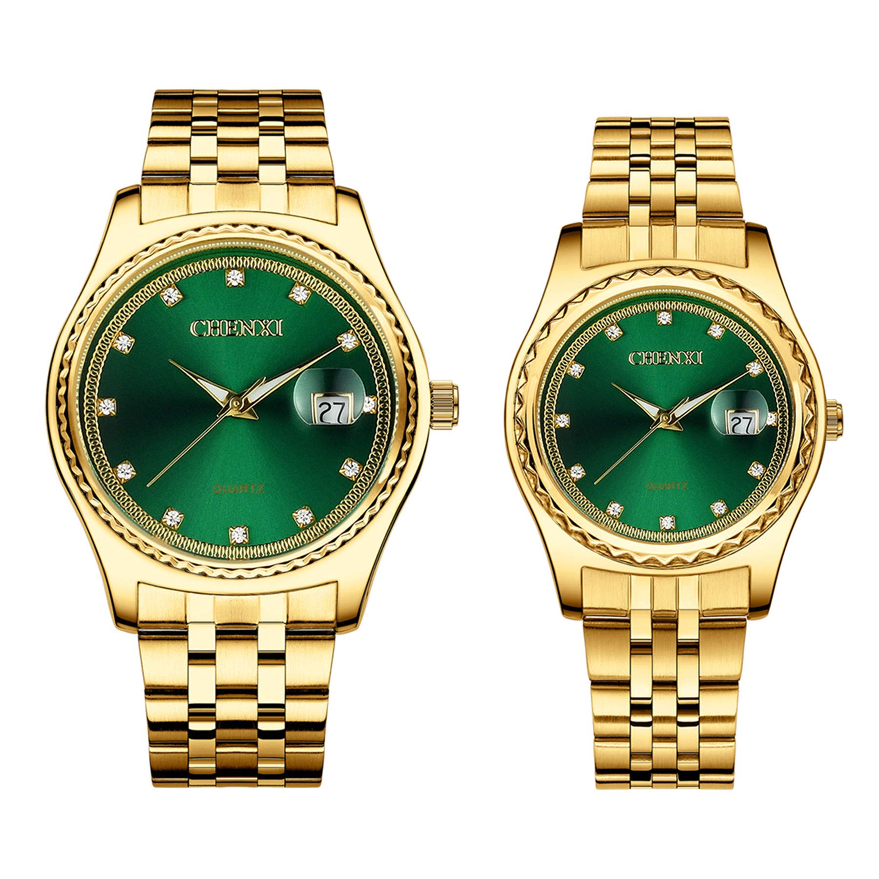 JewelryWe Couple Watches Gold Plated Stainless Steel Wristwatch Calendar Quartz Watch Men Women His and Her Matching Watch Set