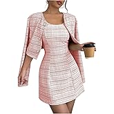SOLY HUX Women's 2 Piece Outfits Plaid Long Sleeve Button Down Cropped Jacket and Sleeveless Mini Dress Sets