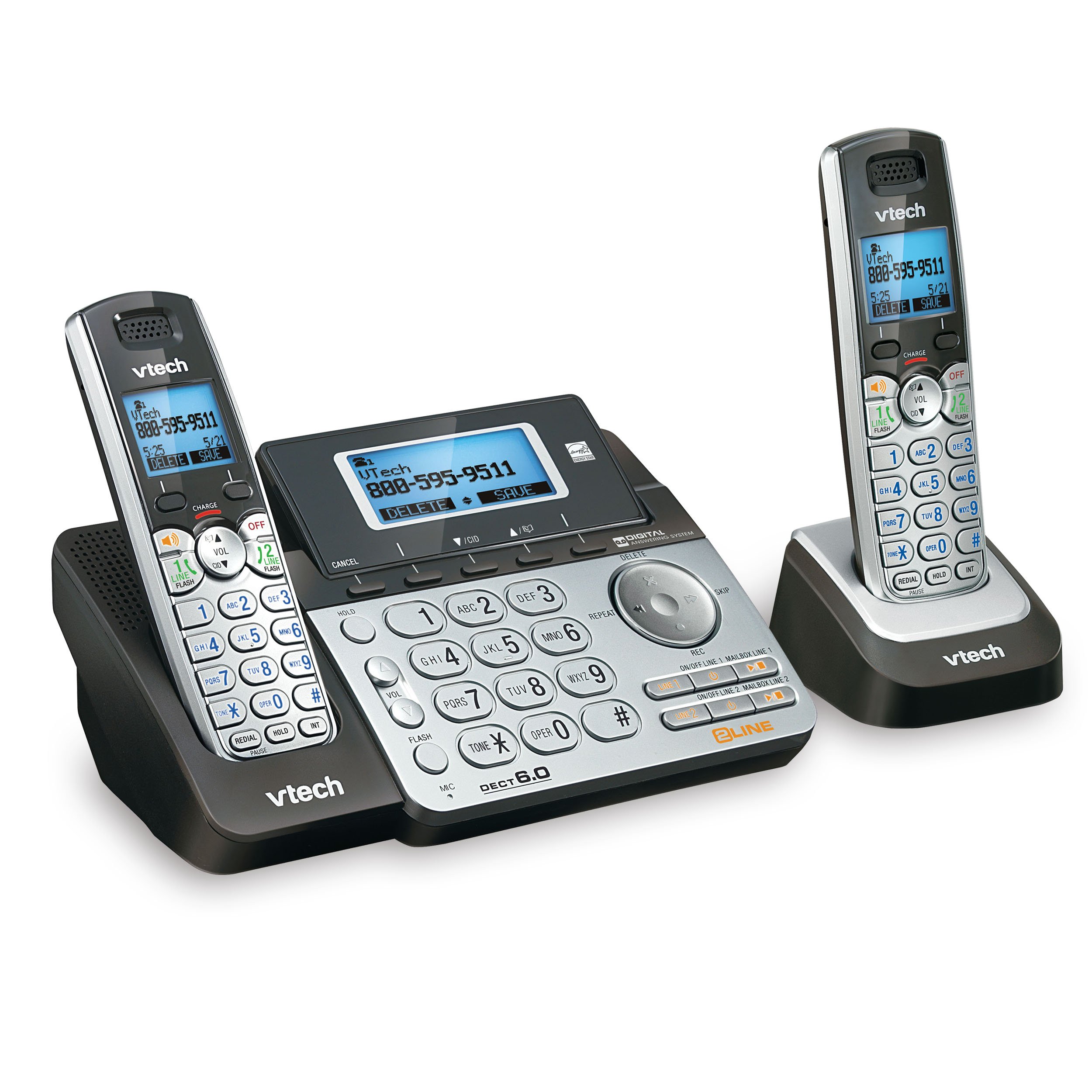 (only 1 phone)VTech DS6151-2 2 Handset 2-Line Cordless Phone System for Home or Small Business with Digital Answering System & Mailbox on Each line, Silver