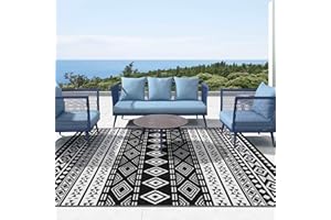 GOTGELIF Outdoor Rug 9x12FT Boho Style, Reversible & Water-Resistance & Portable Plastic Straw Rug for RV Trips, Picnic, Camping, Outdoor, Garden, Patio - White and Black Patio Rug