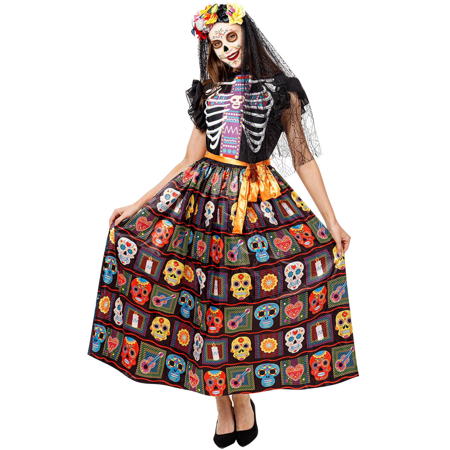 Funnlot Day of The Dead Costume for Women, Halloween Costume for Women,Day of the Dead Senorita Skeleton Costumes Woman with Day of Dead Face Tattoo, XL