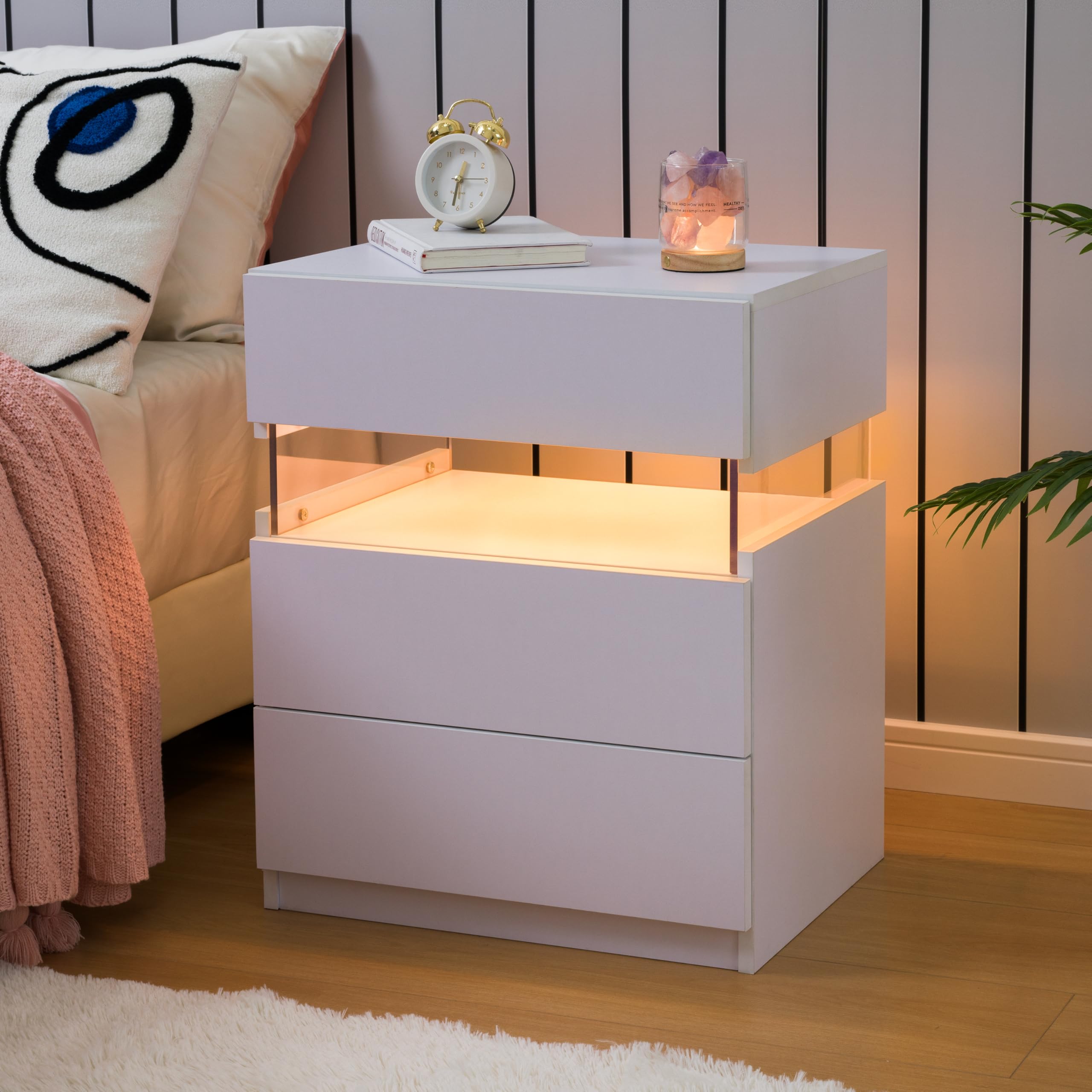 Cubehom Nachttisch 2er Set Weiß Nachtschrank mit 3 Schubladen Beistellschrank Nachttisch mit LED-Beleuchtung für Schlafzimmer, Weiß 4