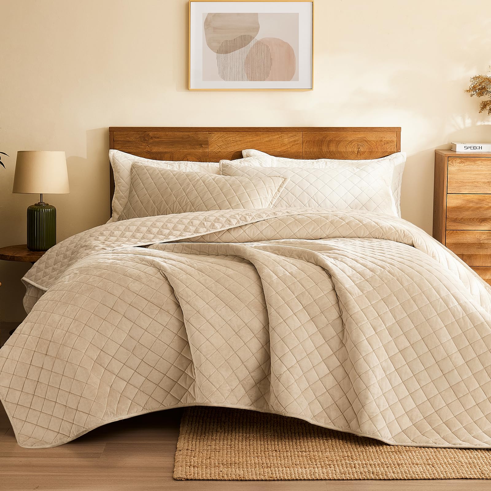 Photo 1 of L'AGRATY Velvet Quilt King Size: 3-Piece Reversible Luxury Velvet Bedding Comforter Set - Lightweight Oversized Quilted Bedspread Coverlet with 2 Pillow Sham for All Season - Light Taupe Quilt