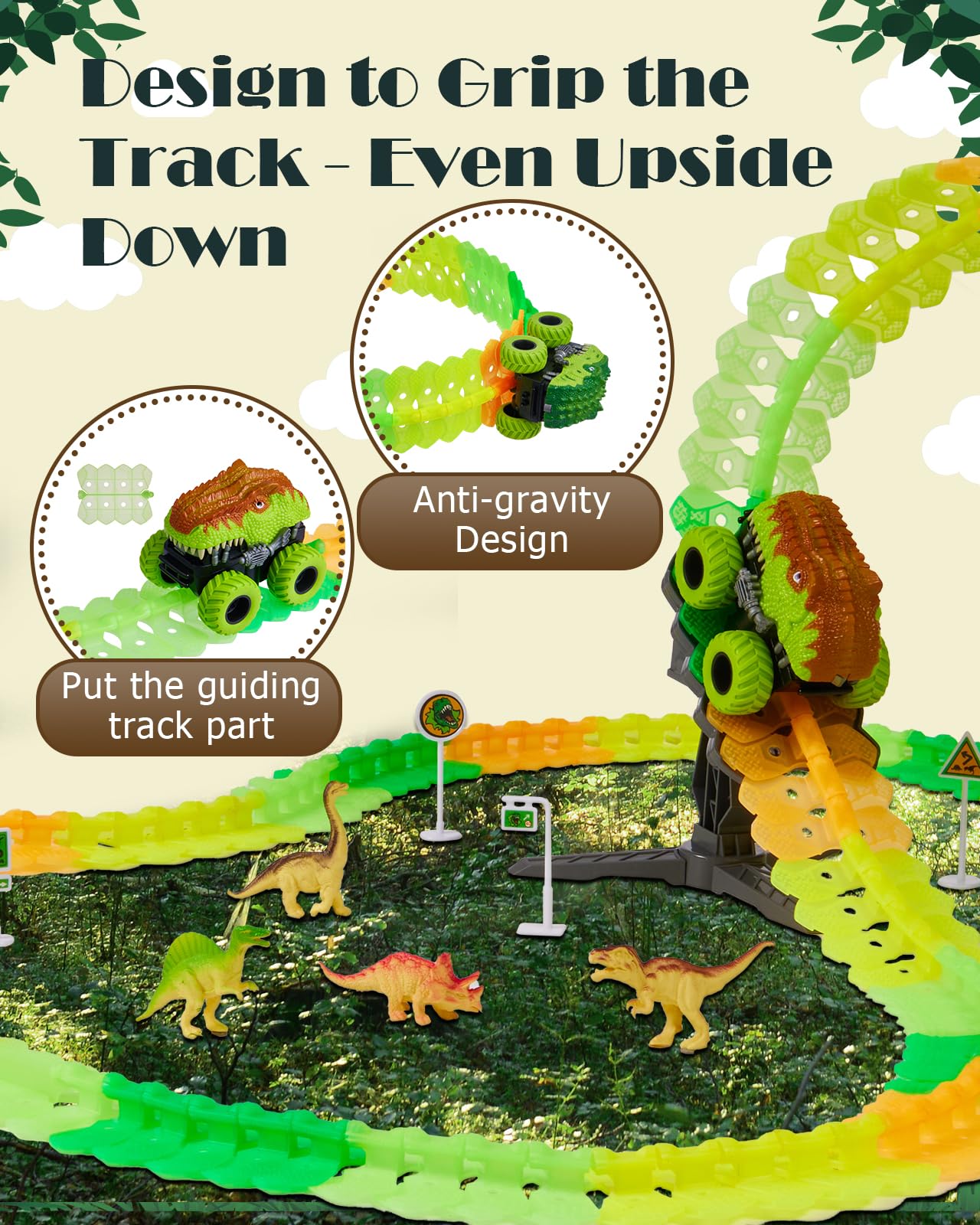 GleamKid 154PCS Rechargeable Car Track Toy Set, Glow Race Track, Flexible Car Tracks, Dinosaur Track Set Glow in The Dark, Race Train Track Toy for 3 4 5 6 7 8 Year Old Boys Gifts, 2*800mAh Batteries