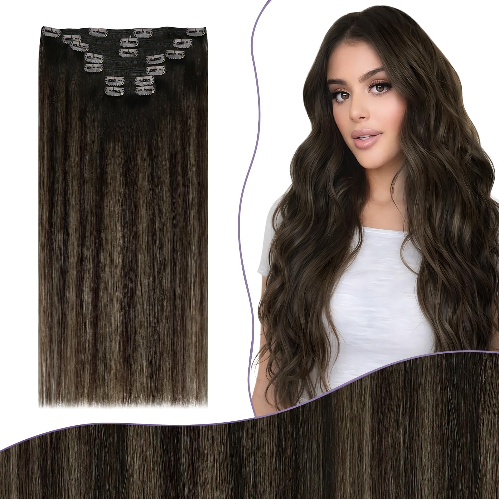 Fshine Clip in Human Hair Extensions Balayage Dark Brown to Chestnut Brown Real Hair Clip on Hair Extensions Straight 20Inch 150g 7pcs