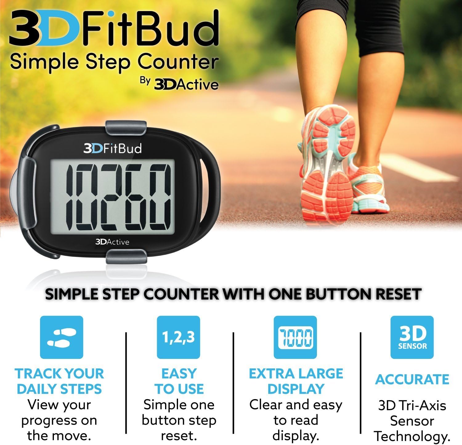 3DFitBud Simple Step Counter Walking 3D Pedometer with Lanyard, A420S (Black with Clip) : Sports & Outdoors
