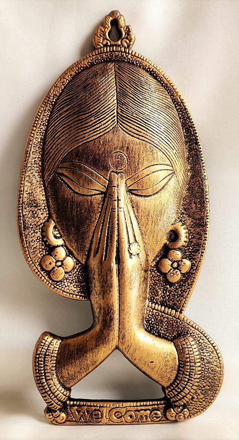 SATYA EXPORTS Brass Metal Welcome Lady Namaste Wall Hanging Decor - 11 Inch (Golden)