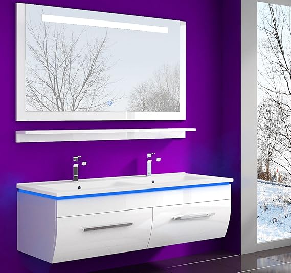 Badmöbel Set Waschbecken Spiegel und Ablage Vormontiert Badezimmermöbel Doppelwaschbecken Weiss 120 cm LED Hochglanz lackiert