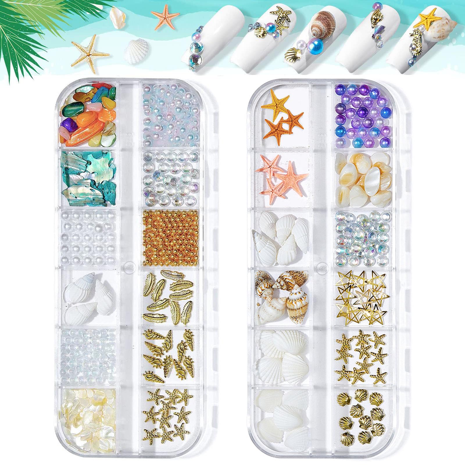 Ocean Themed Nail Charms - 2 Boxes Irregular Abalone Shell Slices, Conch Starfish, Mini Stone Pearls, Colorful Beads 3D Nail Art Decorations for Manicure Design DIY Crafts — image 1
