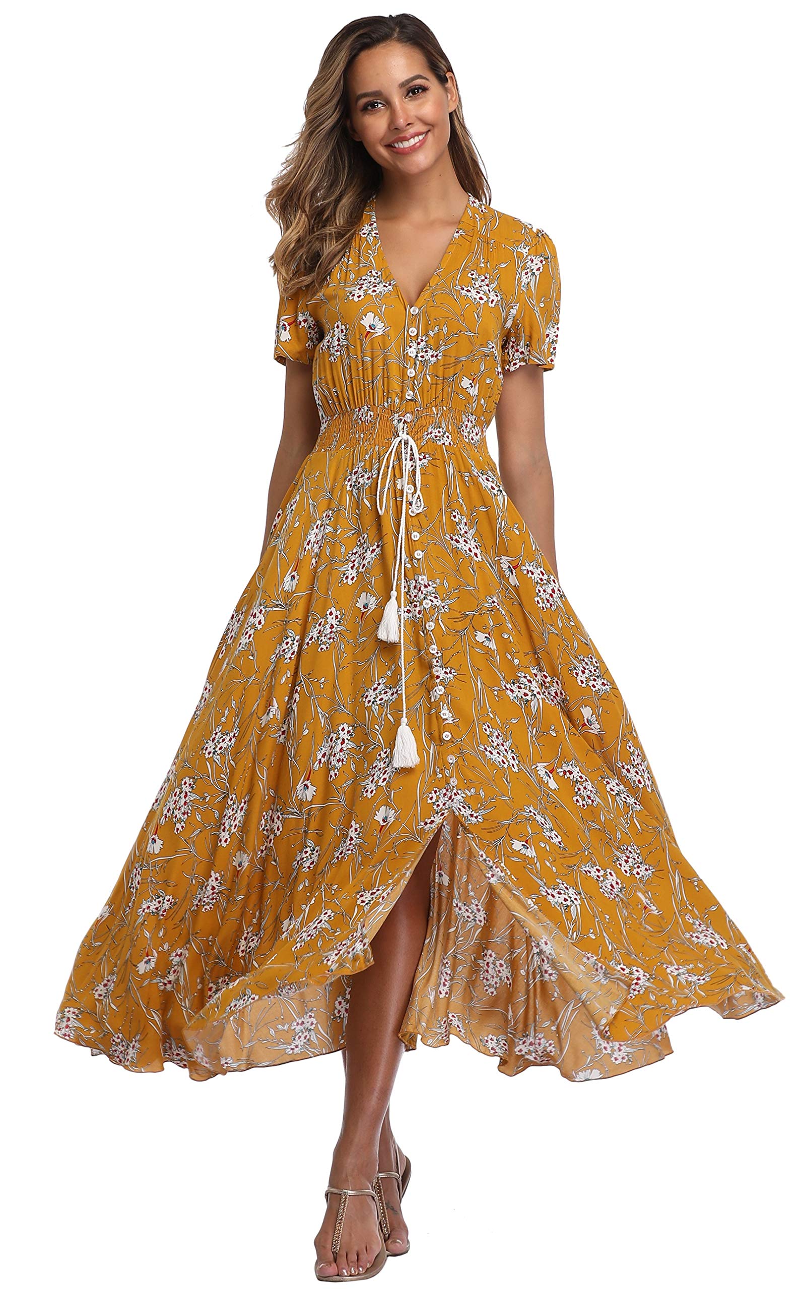 VintageClothing Women&rsquo;s Floral Maxi Dresses Boho Button Up Split Beach