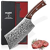 Huusk Meat Cleaver Knife Japanese Kitchen Knife 6.4 Inch, Hand Forged Butcher Knife for Meat Cutting, Vegetable Chopping Knife High Carbon Steel Damascus Pattern Chef Knife Cooking Gift Christmas