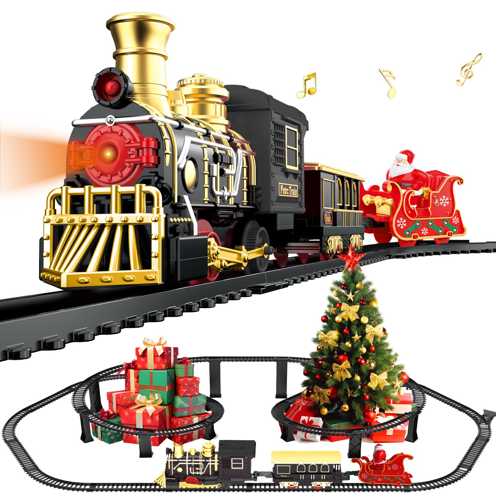 Electric Train Set with 3D Elevated Tracks Music, Locomotive Passenger Carriages, Lights & Quiet Mode Christmas Train for Kids Birthday Gift Holiday Toy for Boys Girls 3 4 5 6 7