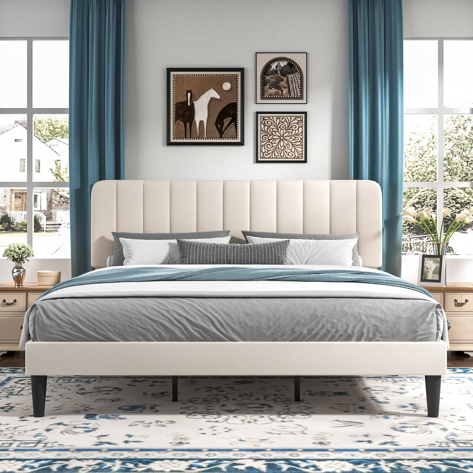 VECELO King Size Bed Frame with Upholstered Headboard, Velvet Platform Bedframe Mattress Foundation, Strong Wood Slat Support, No Box Spring Needed,Velvet Beige Image