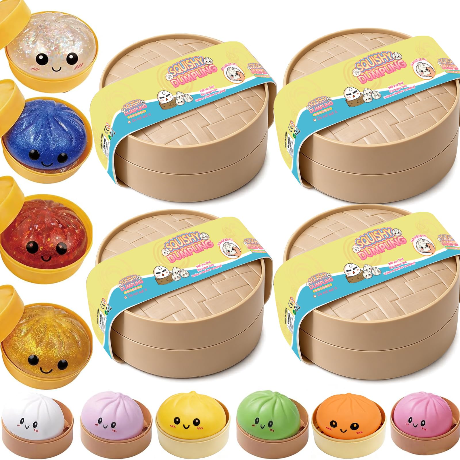 Dumpling Squishy, 10 Color Mystery Box, Glitter Squishy Dumpling Squeeze Toy, Cute Dim Sum Stress Ball with Food Steamer, Fun Desk Fidget Toy for Office Stress Relief (Random-4pcs)