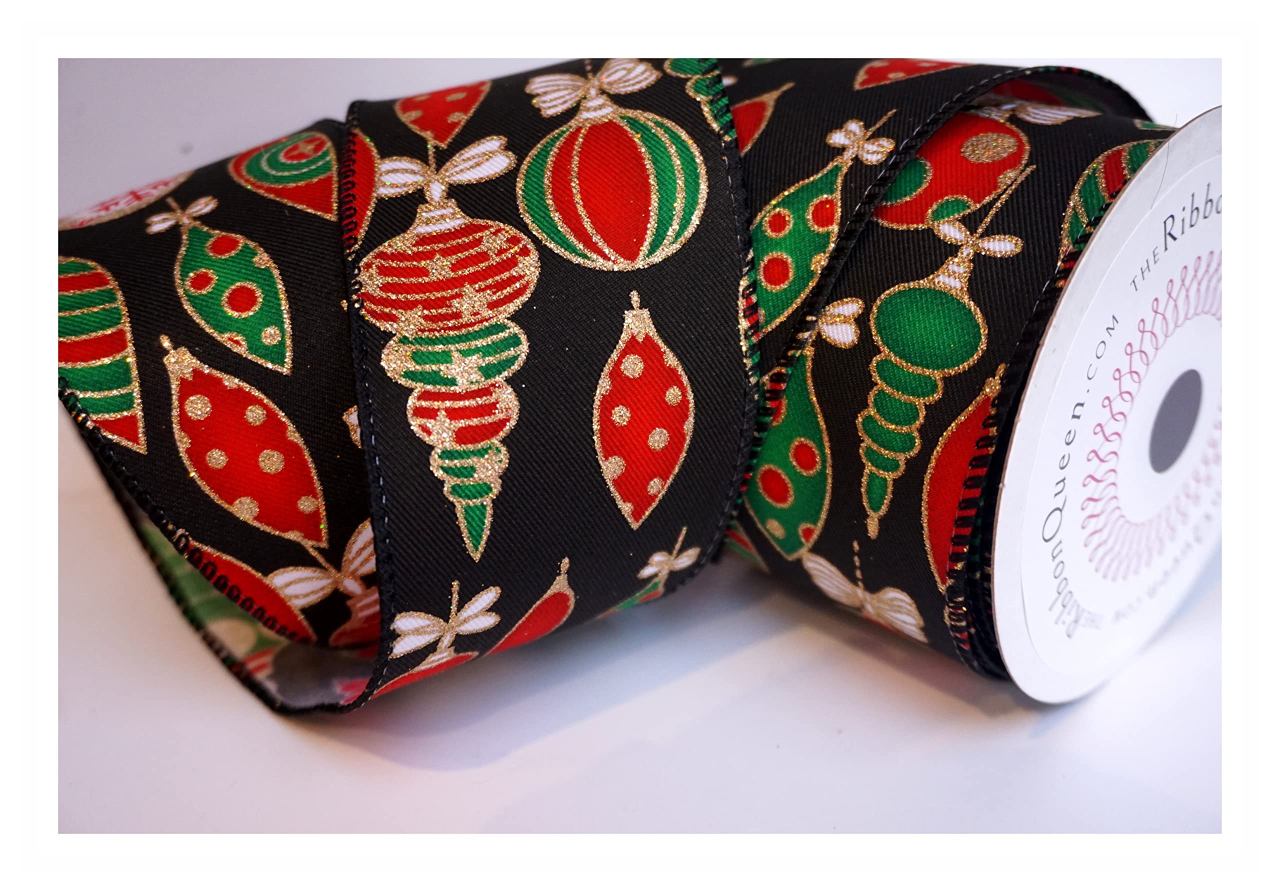 10m x 2.5” (63mm) Roll Wire Wired Edge Christmas Ribbon Tree Tinsel Wreath Gift Cake Bows. from a UK Specialist Company – Buy with Confidence. (Vintage Red Green Gold Baubles on Black)