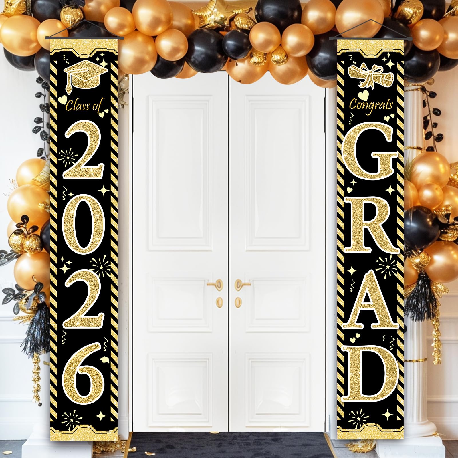 Photo 1 of **Says 2025 not 2026** Graduation Decorations 2025, Black and Gold Congratulations Congrats Grad Banner Porch Door Banners Graduation Party Decorations Class of 2025 GRAD Decor Schools Grades (Black & Gold)