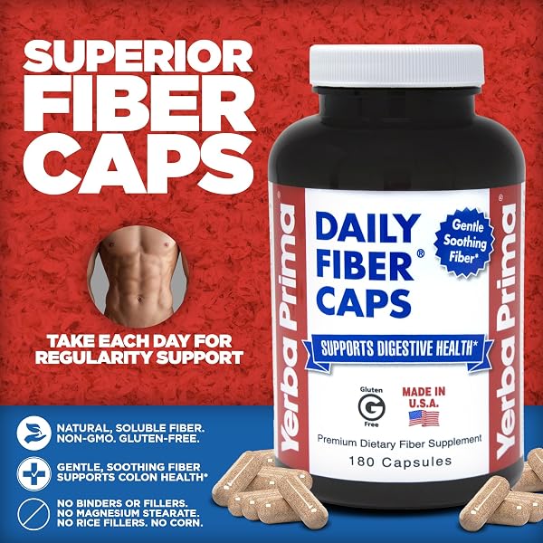 YERBA PRIMA DAILY FIBER CAPS – 180 CAPSULES, (PACK OF 4) – SOLUBLE & INSOLUBLE DIETARY FIBER SUPPLEMENT – COLON CLEANSE – GUT HEALTH – VEGAN, NON-GMO, GLUTEN-FREE