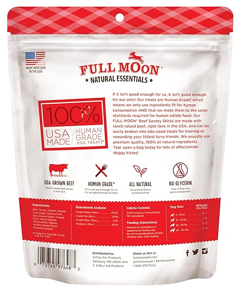 FULL MOON ALL NATURAL HUMAN GRADE DOG TREATS, ESSENTIAL BEEF SAVORY STICKS, 14 OUNCE