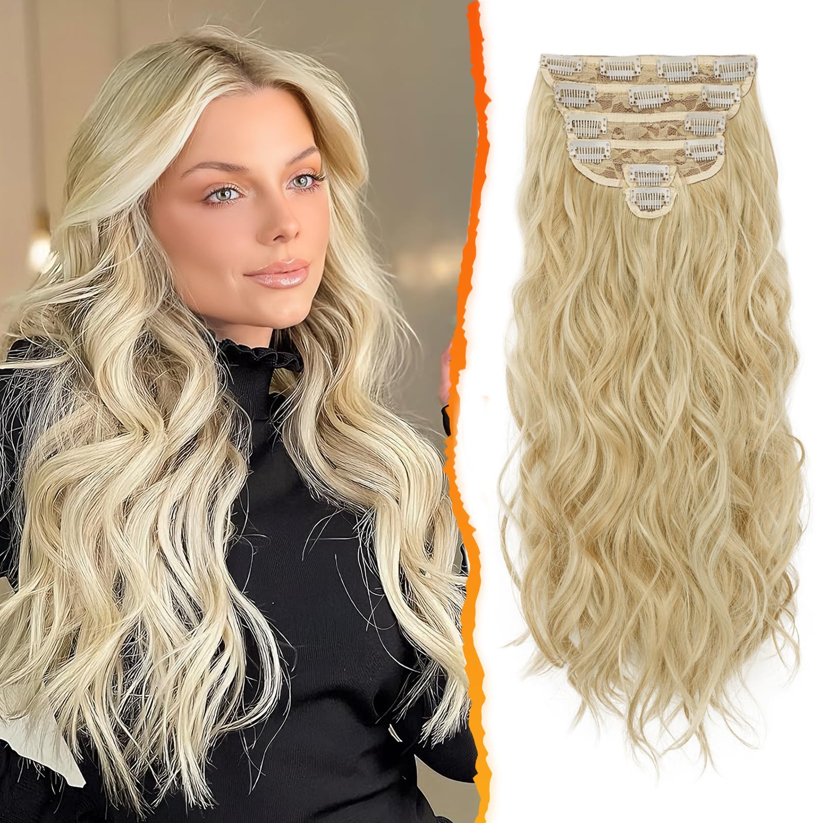 BARSDAR Clip in Hair Extensions, 6PCs Long Wavy Blonde Hair Extensions Clip ins 20 Inch Full Head Thick Soft Synthetic Clip in Hairpieces for Women - Light Ash Blonde