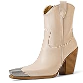 HoanTiai Cowboy Ankle Boots for Women Engraved Steel Toe Cowgirl Boots Stacked Block Heels Short Cowboy Boot Fashion Dressy Western Country Booties